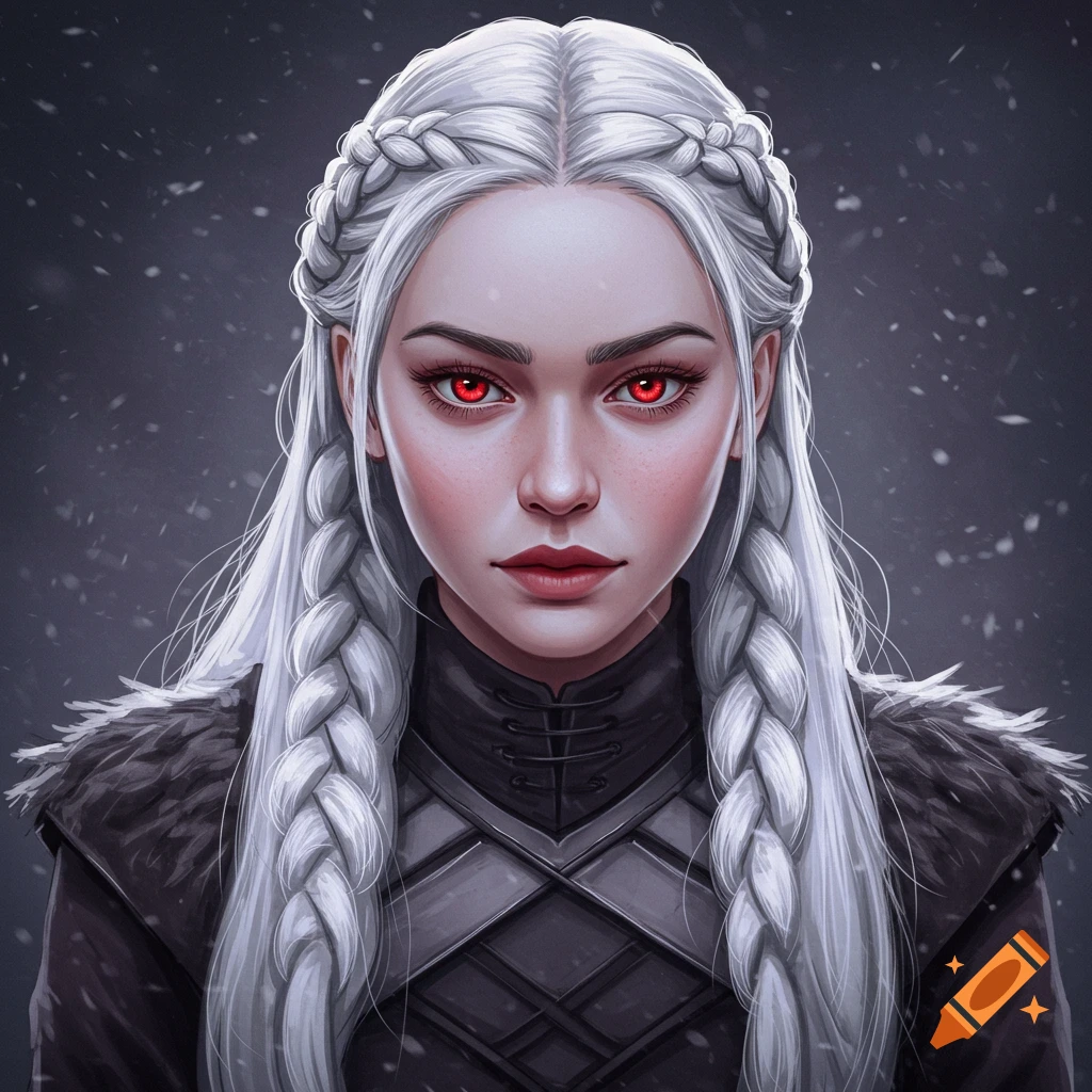 Portrait of a woman with long white braided hair and red eyes wearing fantasy clothes in falling snow.