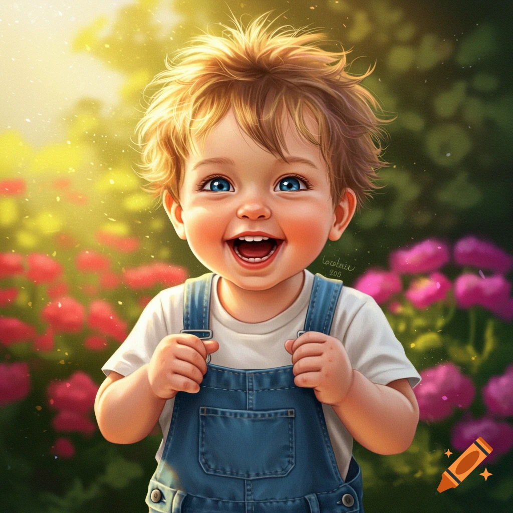 Whimsical illustration of a happy young boy laughing in a sunlit garden among flowers.