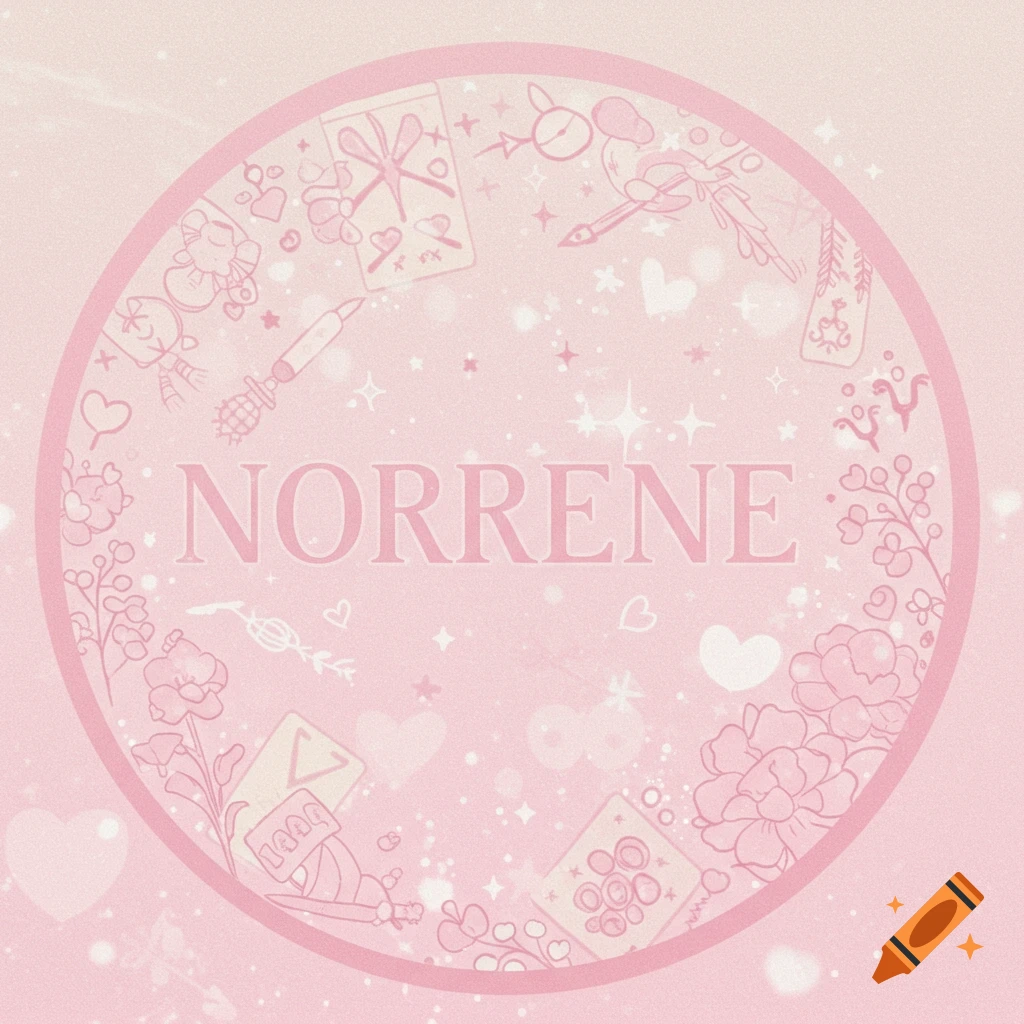Pink circular illustration with the name NORRENE in the center, surrounded by symbols like hearts, stars, flowers, and tarot cards.