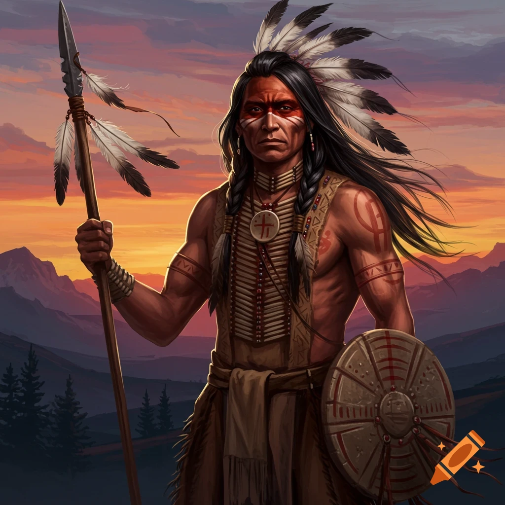 A Native American warrior stands with a spear and shield at sunset.