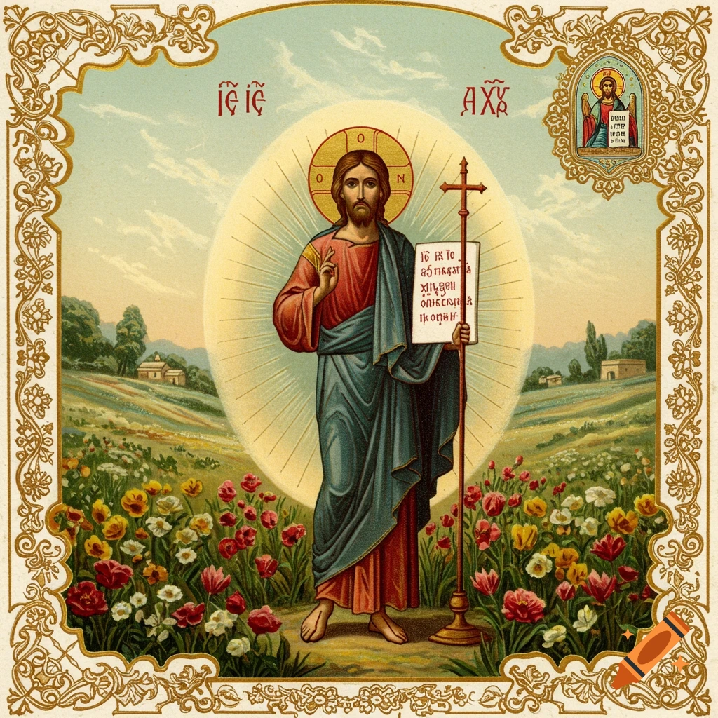An image of Jesus Christ in an Orthodox icon style, standing in a field of flowers with a golden border.