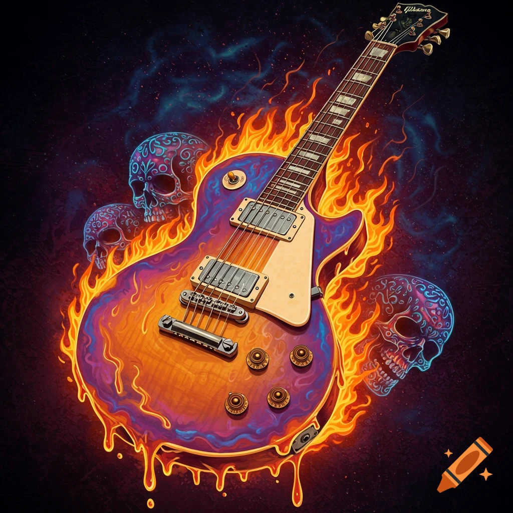 a melting guitar engulfed in flames with surrounding skulls.