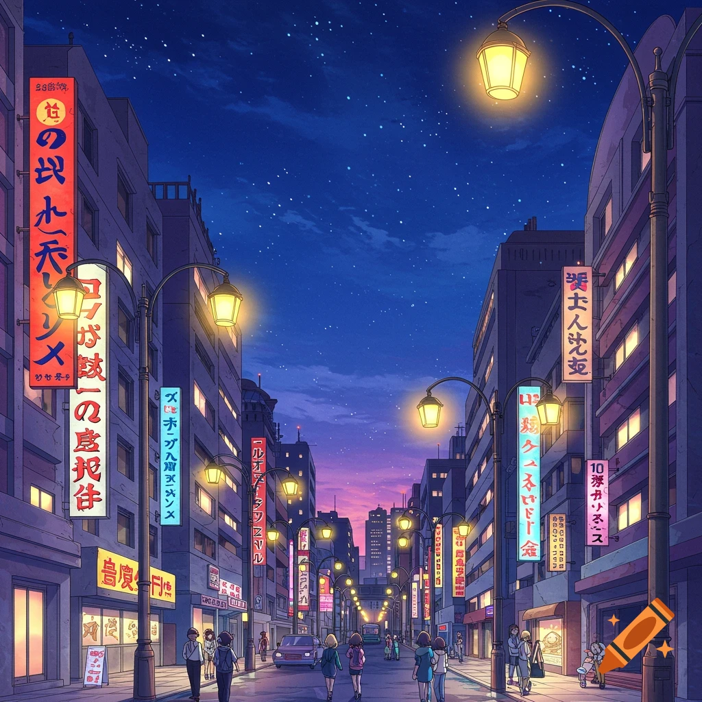 Anime style city street at night with buildings, street lamps, and people.