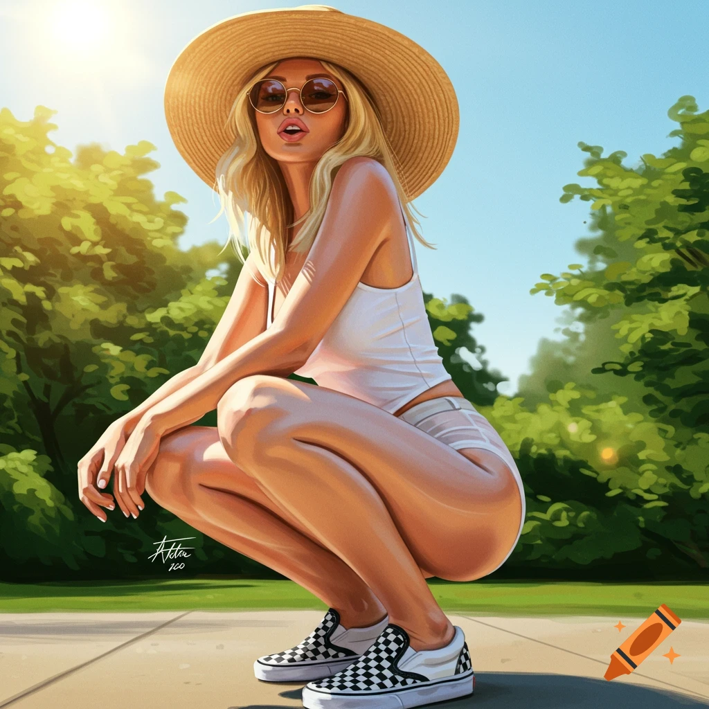 Blonde woman in a tank top, shorts, straw hat, and sunglasses squatting outdoors.