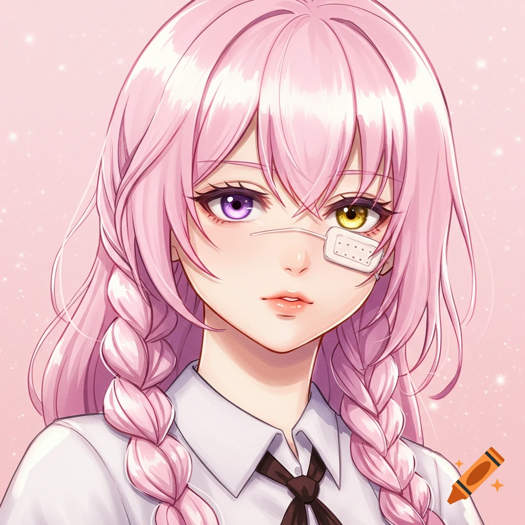 Anime girl with pink hair, heterochromia, and a band-aid over her eye.