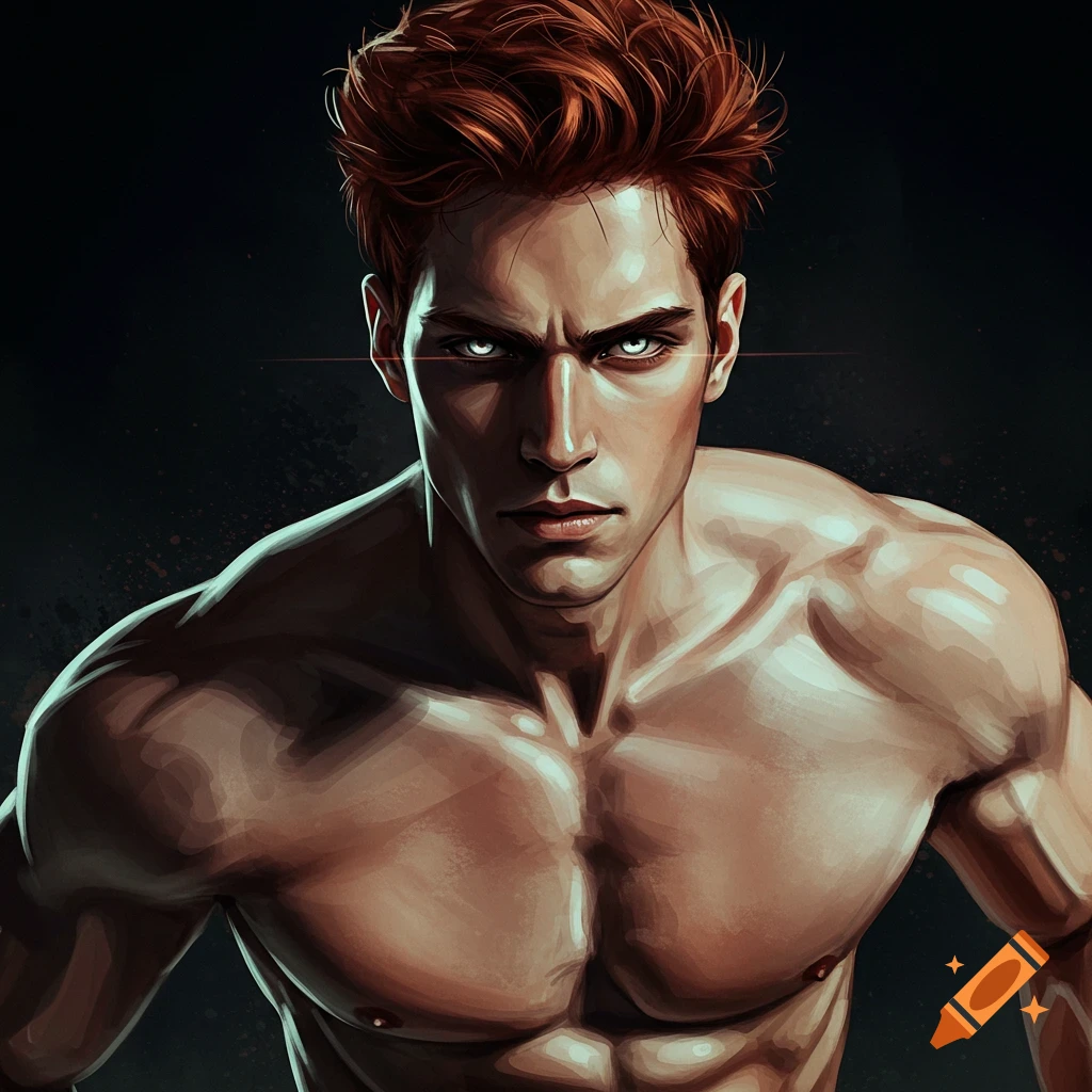 Muscular young man with red hair and glowing eyes