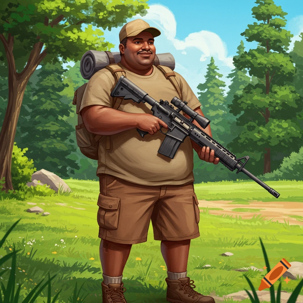 A man with a backpack holding a rifle in a forest clearing.