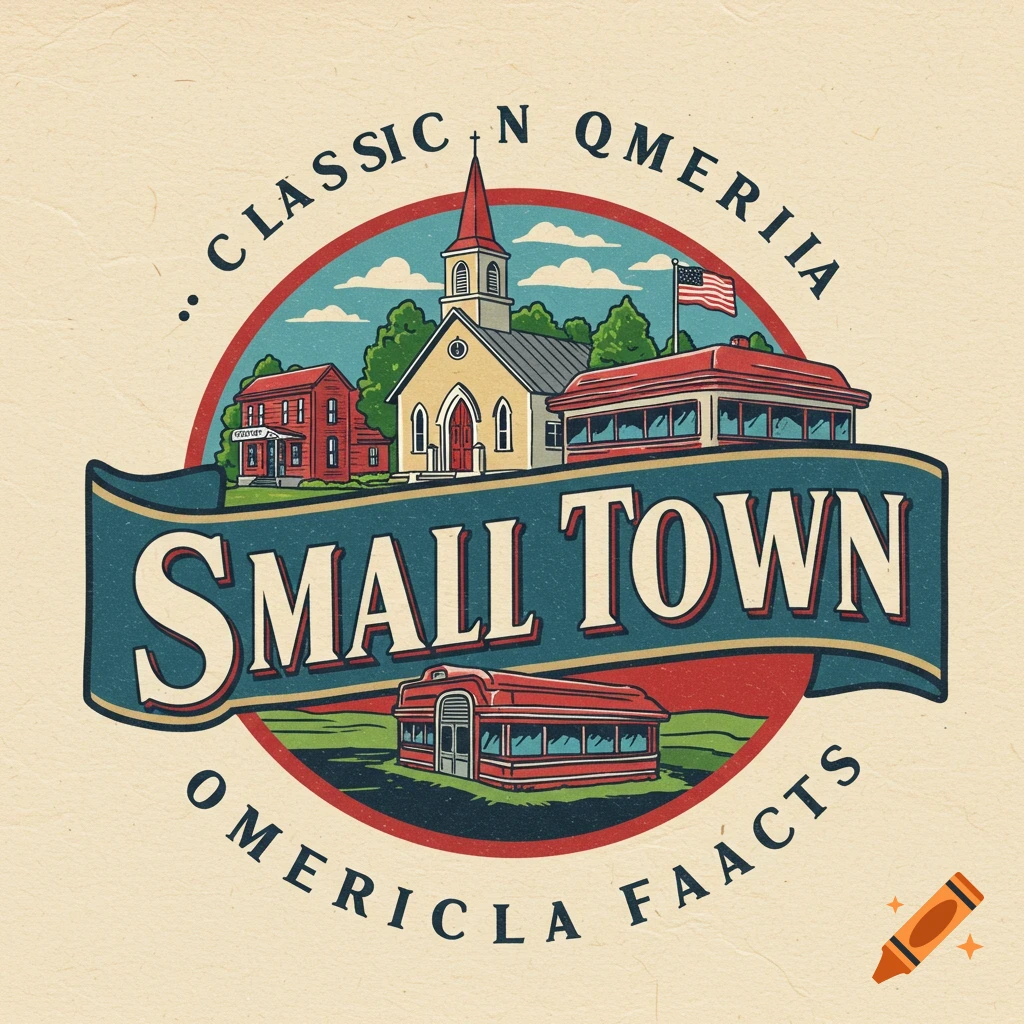 Illustrated small town logo with church, houses, diners, and banner text.