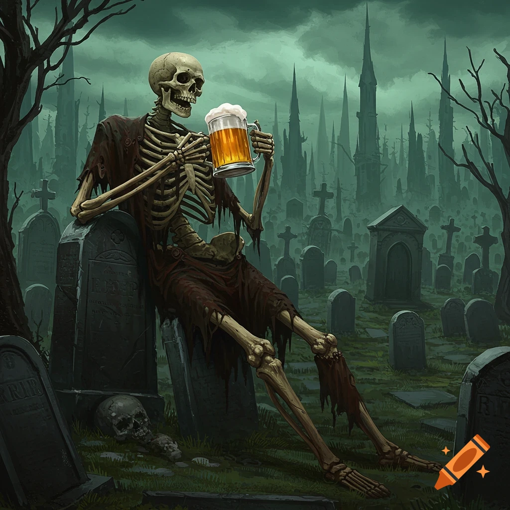 A skeleton sitting on a tombstone in a graveyard and drinking a beer.