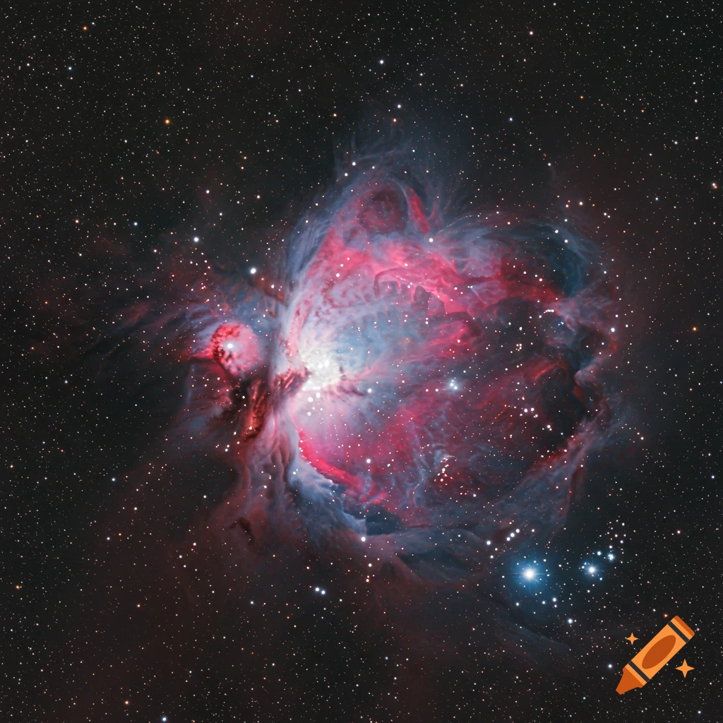 A brightly colored nebula glows among countless stars in deep space.