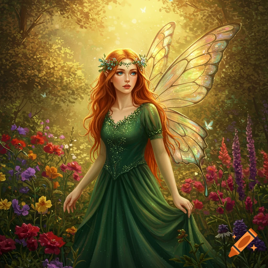 a red-haired fairy in a green dress standing among colorful flowers in a sunlit forest.