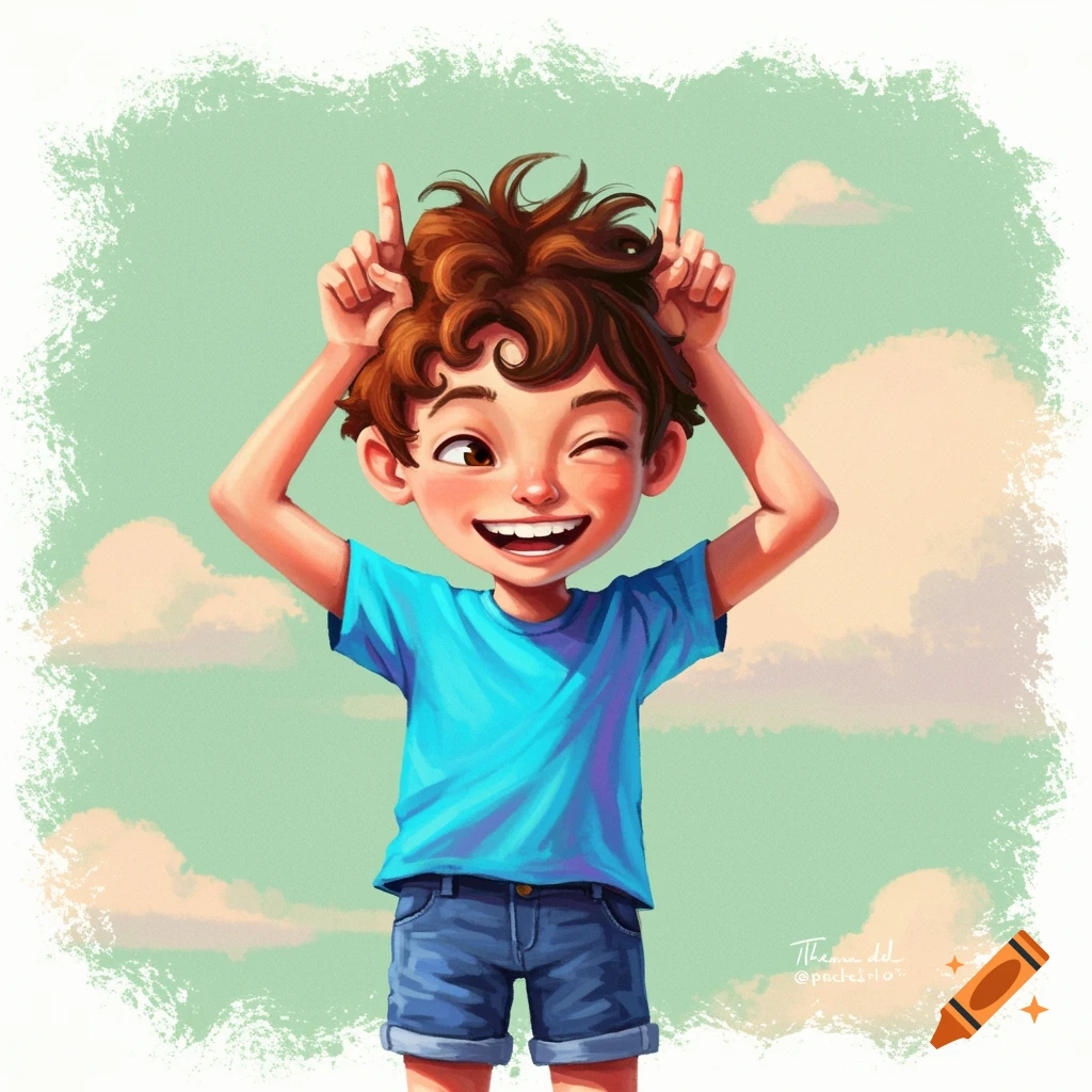 Whimsical illustration of a boy making horns with his hands and winking.