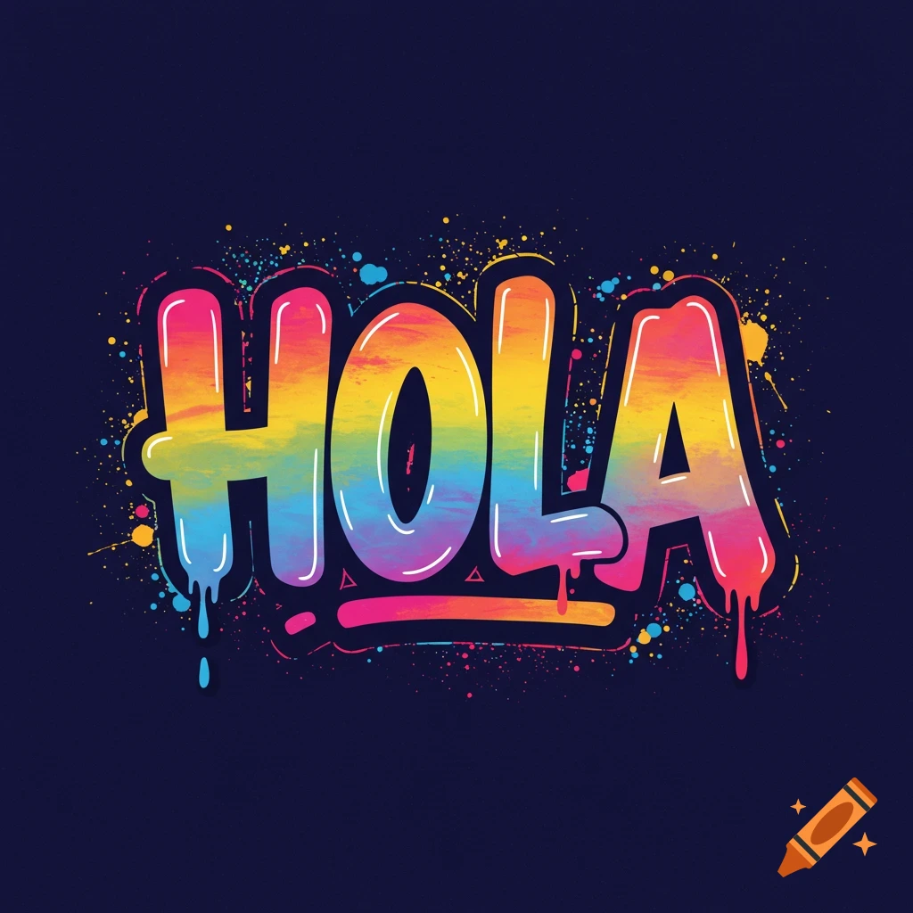 The word HOLA in colorful rainbow graffiti style with paint splatters on a dark background.