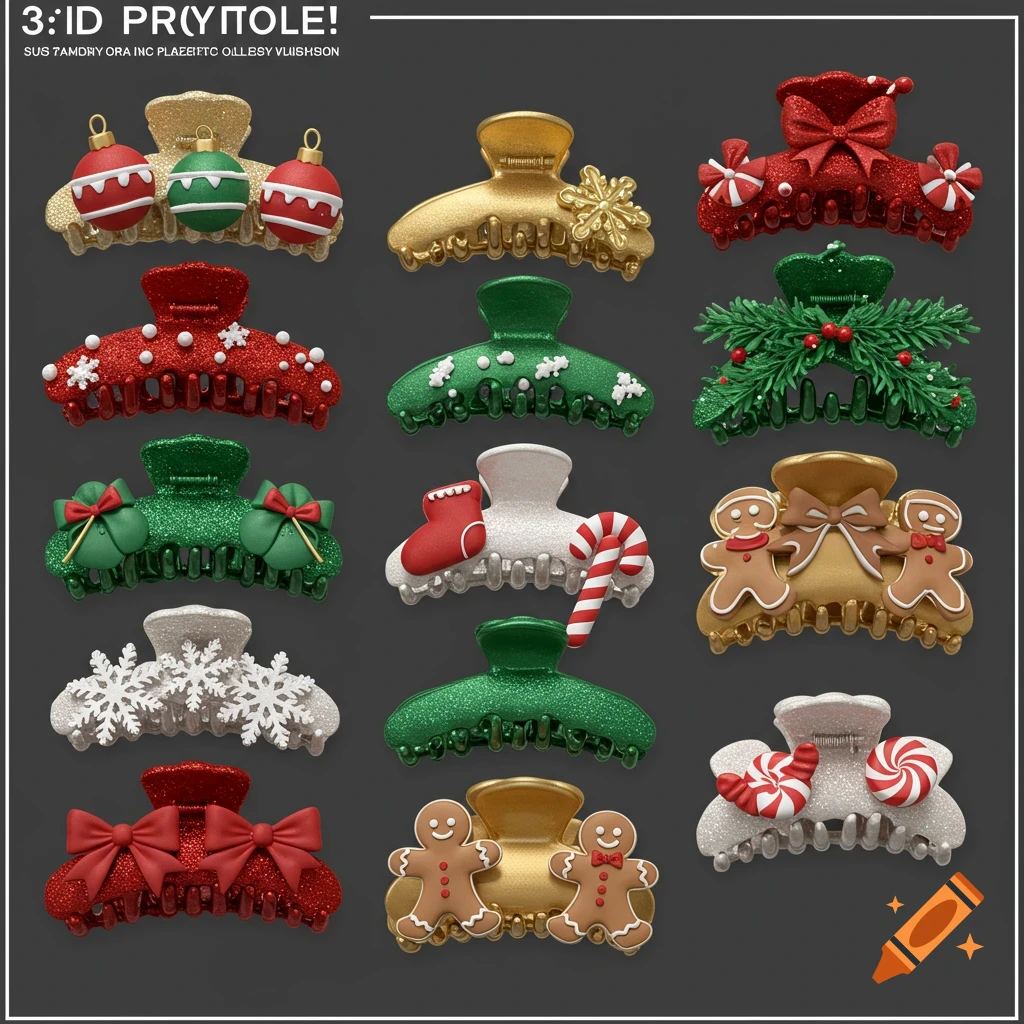 A grid of 3D rendered hair claw clips with various holiday and winter designs like ornaments, gingerbread men, and snowflakes.