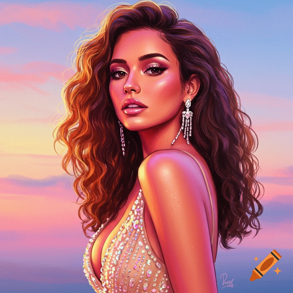 A woman in a sparkly dress with sunset sky background