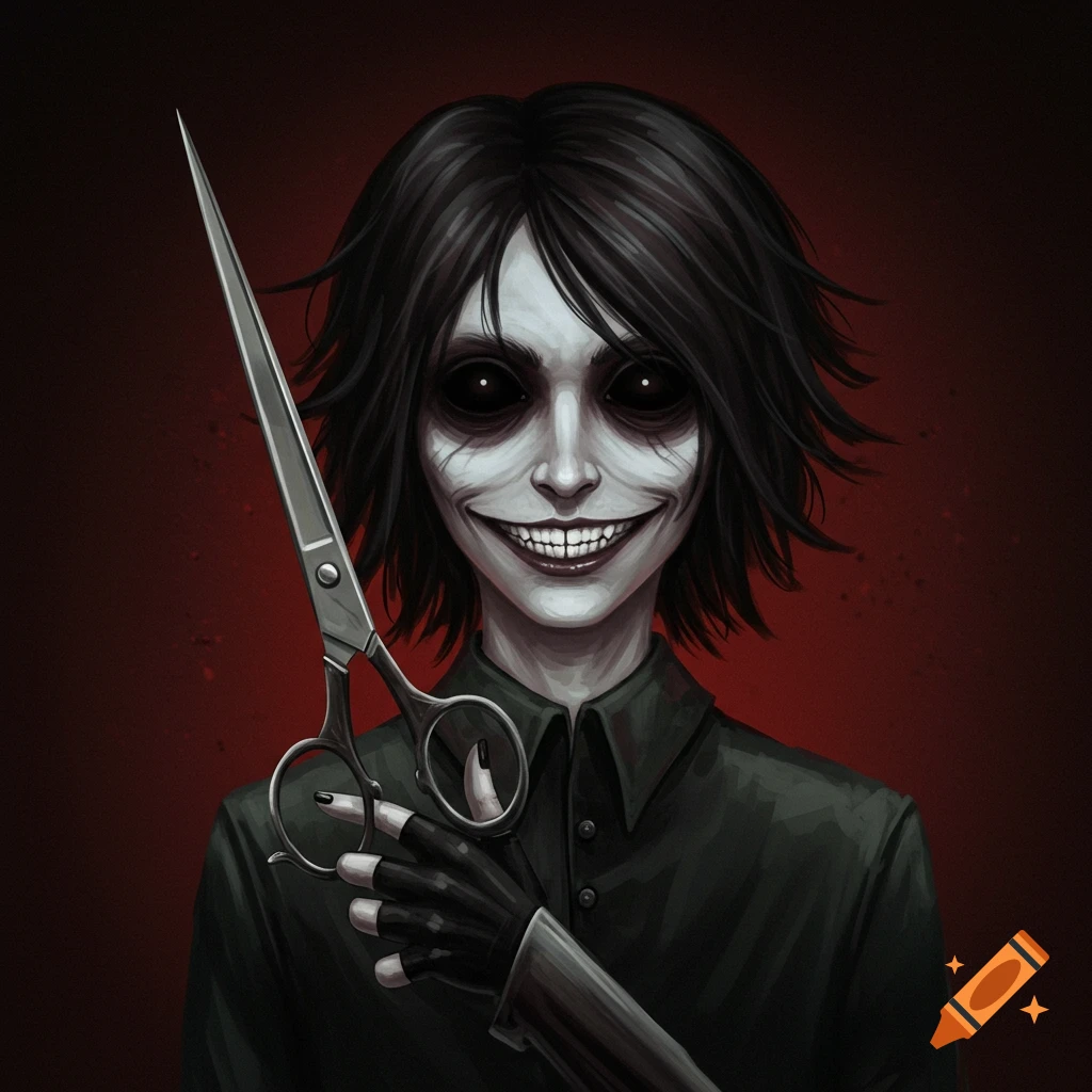 A creepy character with black eyes and a wide grin is holding large scissors.