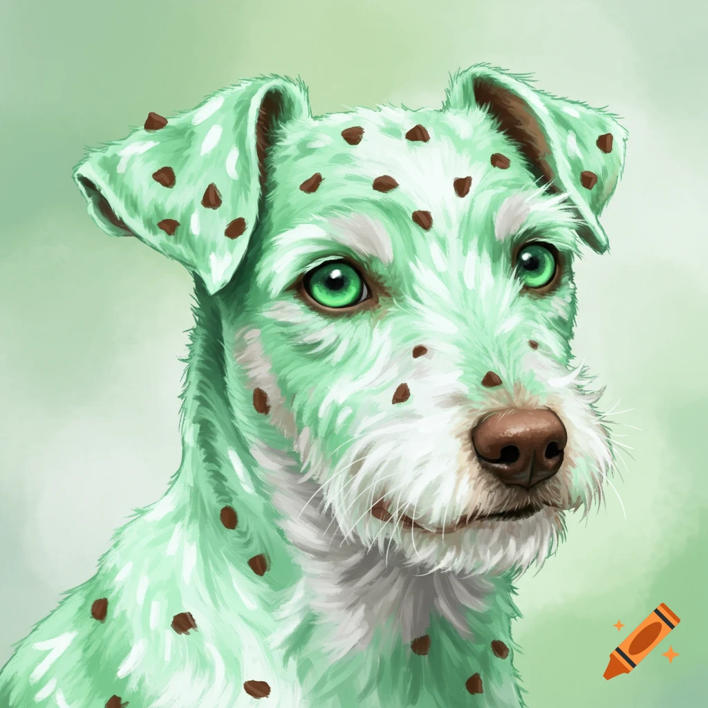 A terrier dog with mint green fur and brown spots, like mint chocolate chip.