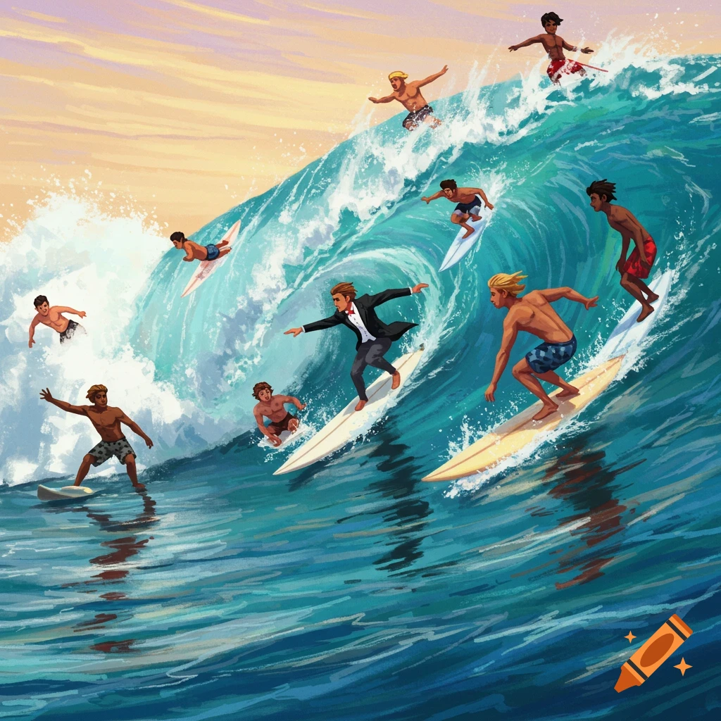 Several men surfing a large wave, one wearing a tuxedo.