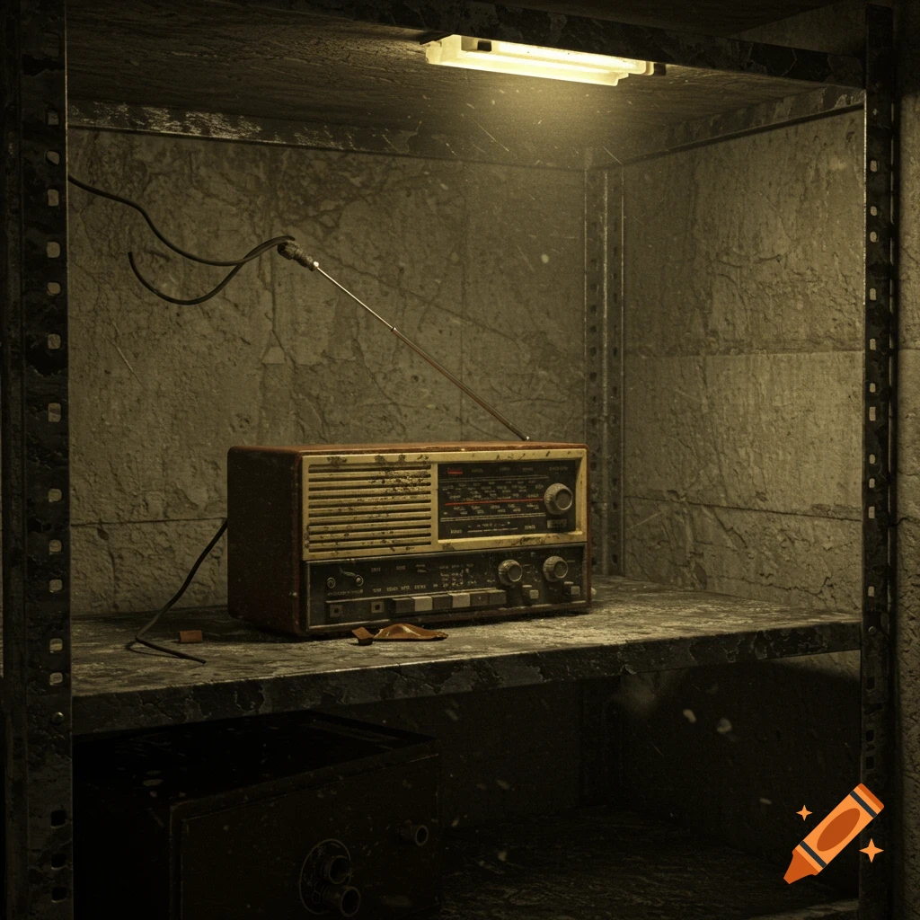 A vintage radio sits on a dusty shelf in a dark, gritty room.