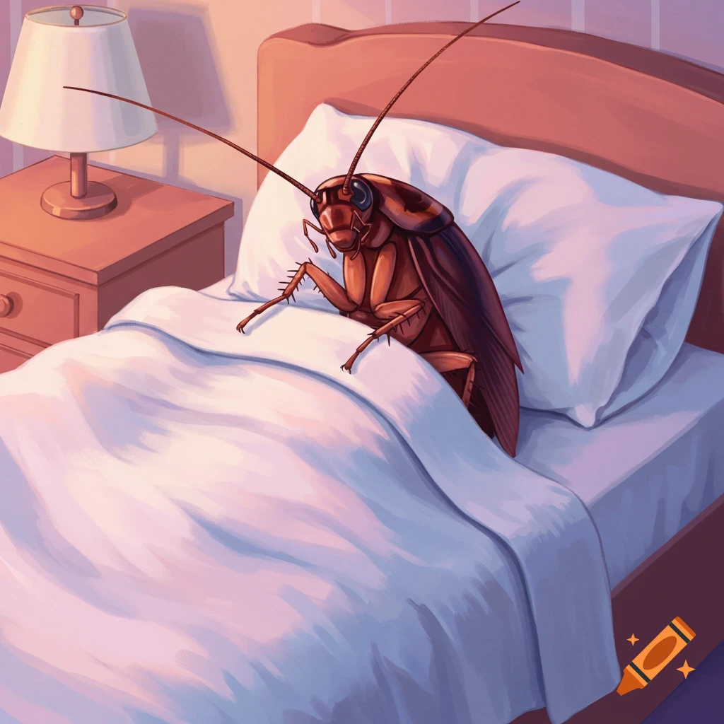 A large cockroach is lying in bed under sheets with its head on a pillow.