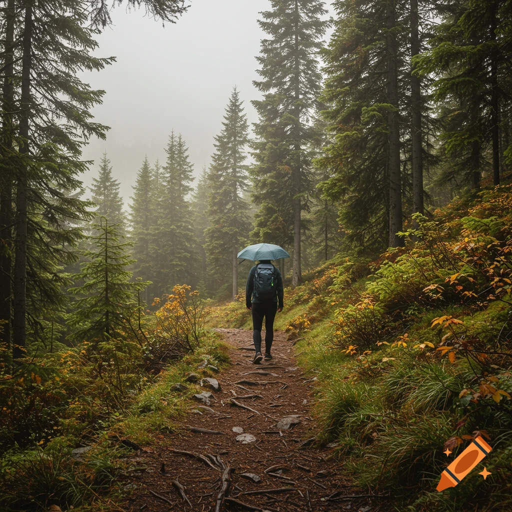 A person walks on a forest path under an umbrella on a misty day.