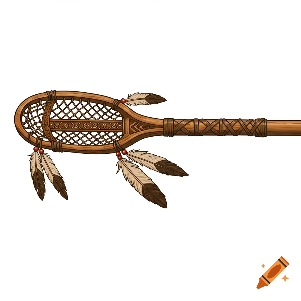 A Native American lacrosse stick decorated with feathers and beads on a white background.