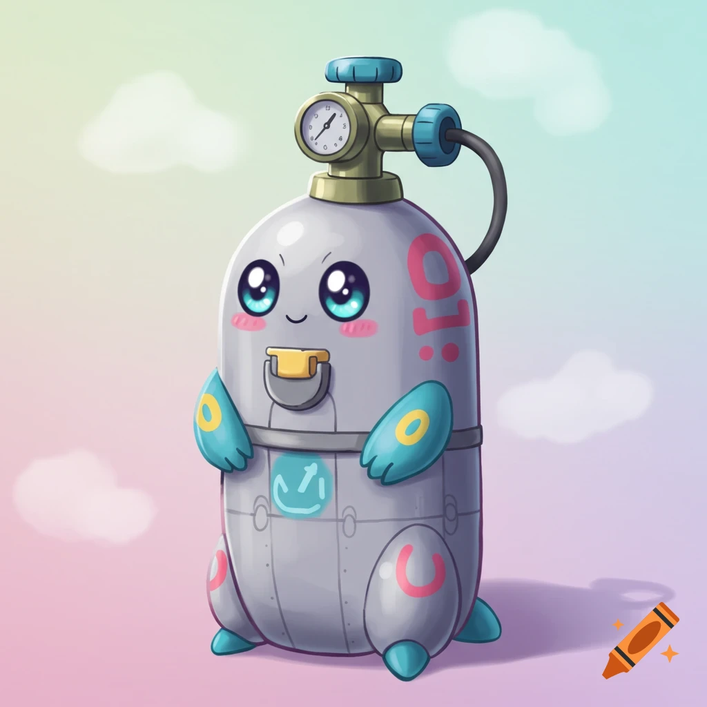 A cute cartoon oxygen tank character with big eyes