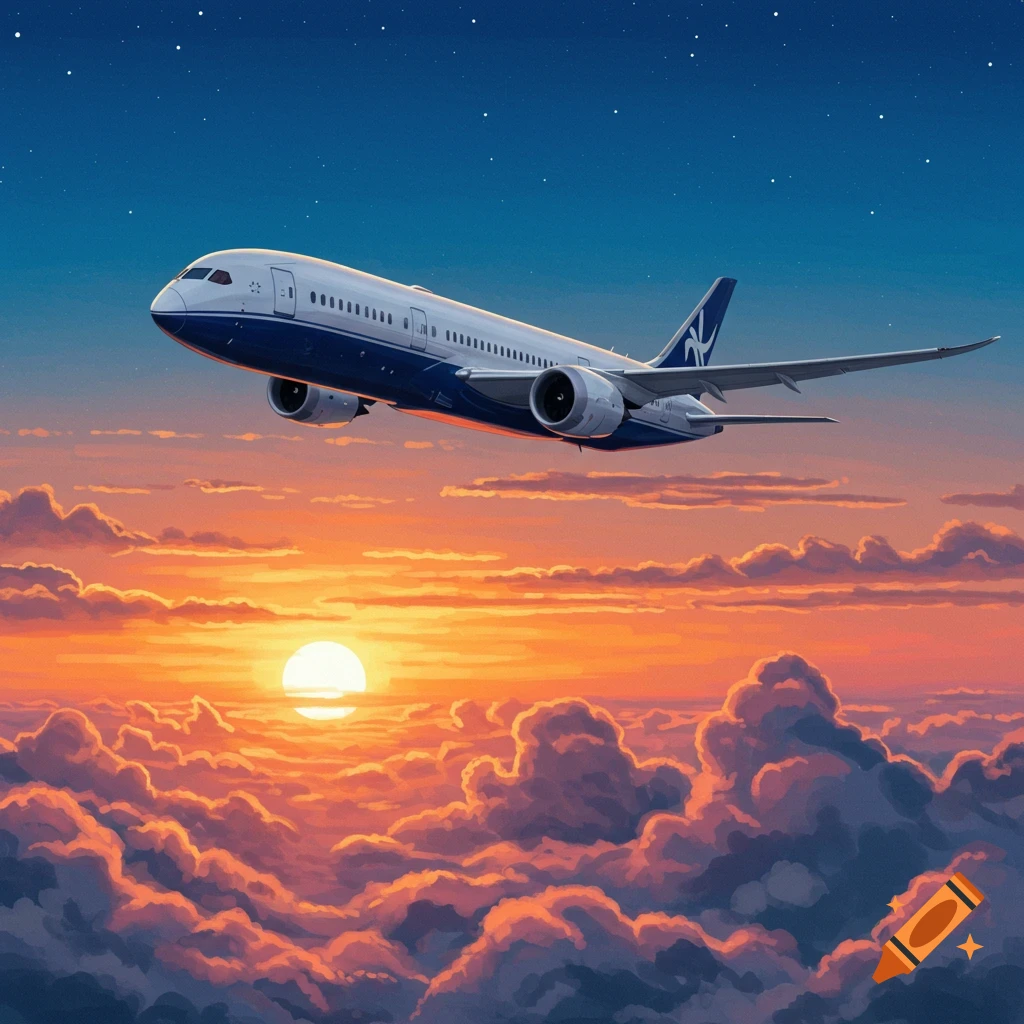 An airplane flying above clouds during sunset.