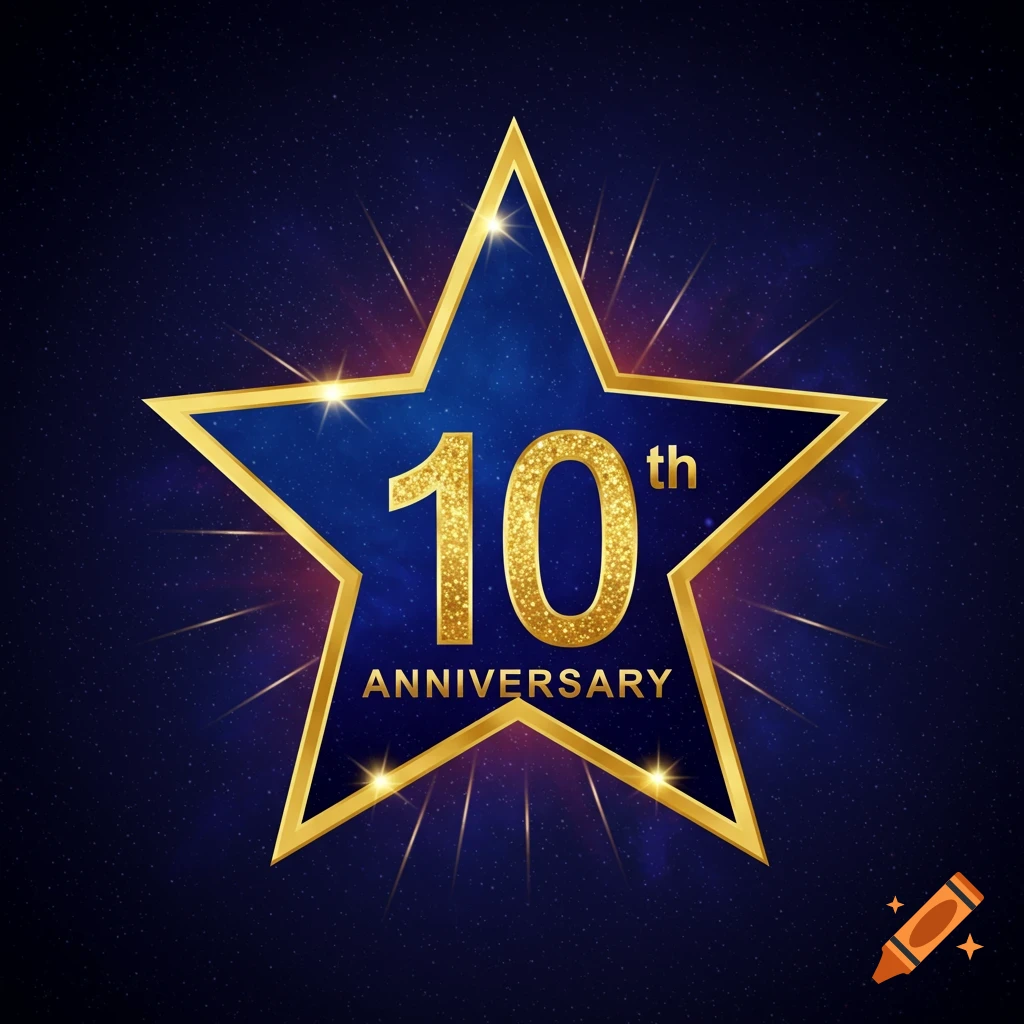Gold star with '10th Anniversary' text on a starry background.