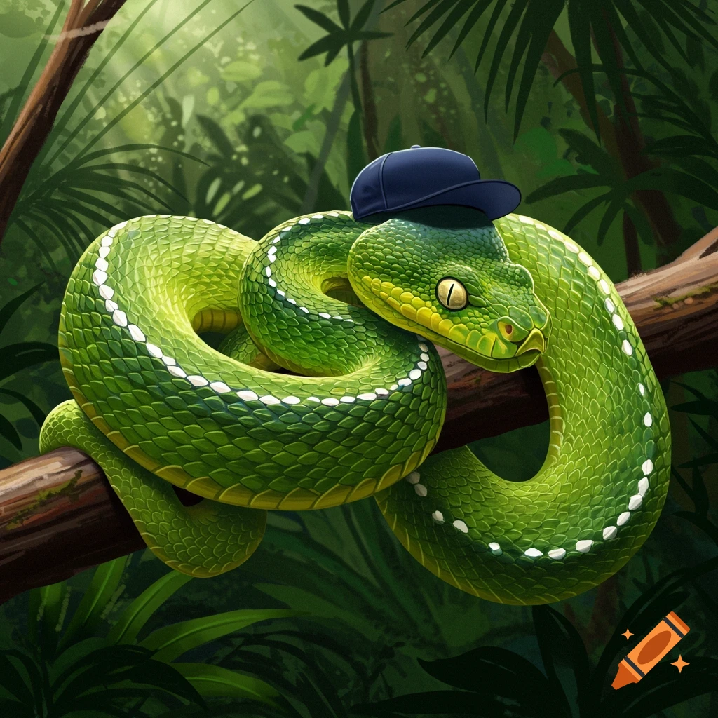 A green snake coiled on a branch in a jungle, wearing a blue baseball cap.