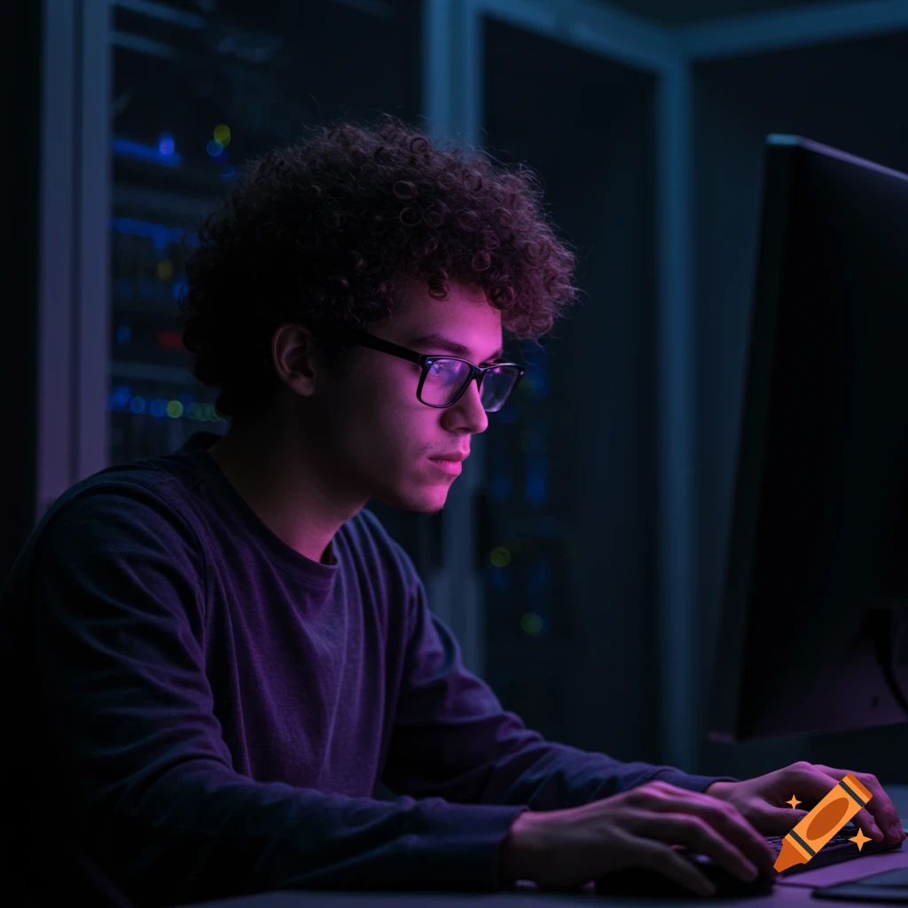 A man with curly hair and glasses uses a computer in a dimly lit data center.