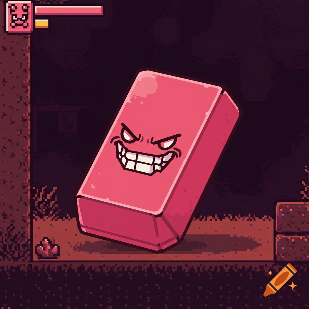 Pixel art illustration of an angry pink eraser in a video game environment with a health bar.