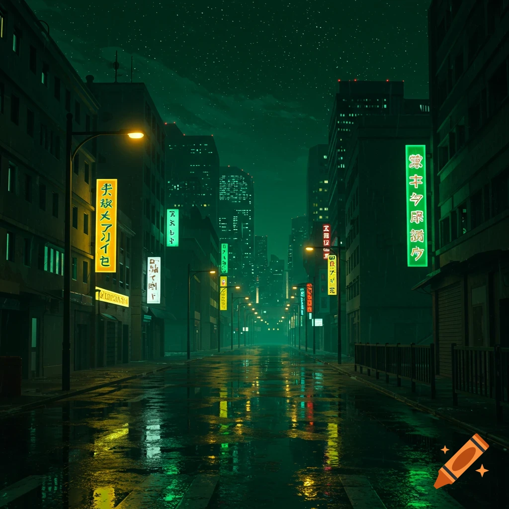 A dark, rainy city street at night with glowing signs and buildings, in a green-tinted anime style.