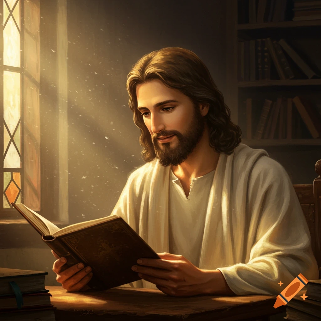 Picture of Jesus with long hair and beard reading a book in a room with a window.