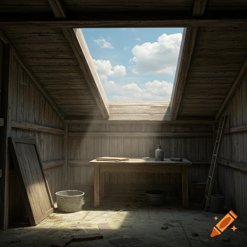 Interior of an old wooden shed with sunlight streaming through a high window.