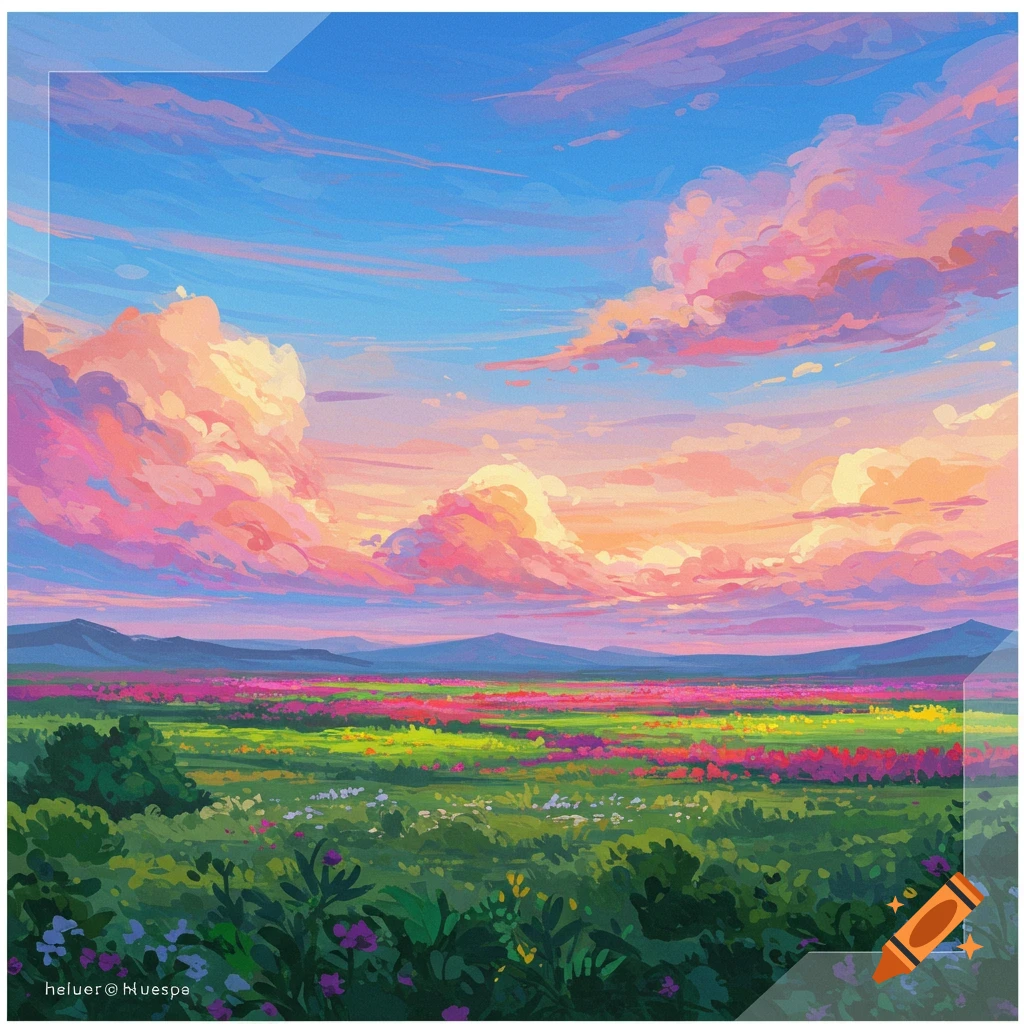 A vibrant landscape with colorful fields of flowers under a dramatic sunset sky.