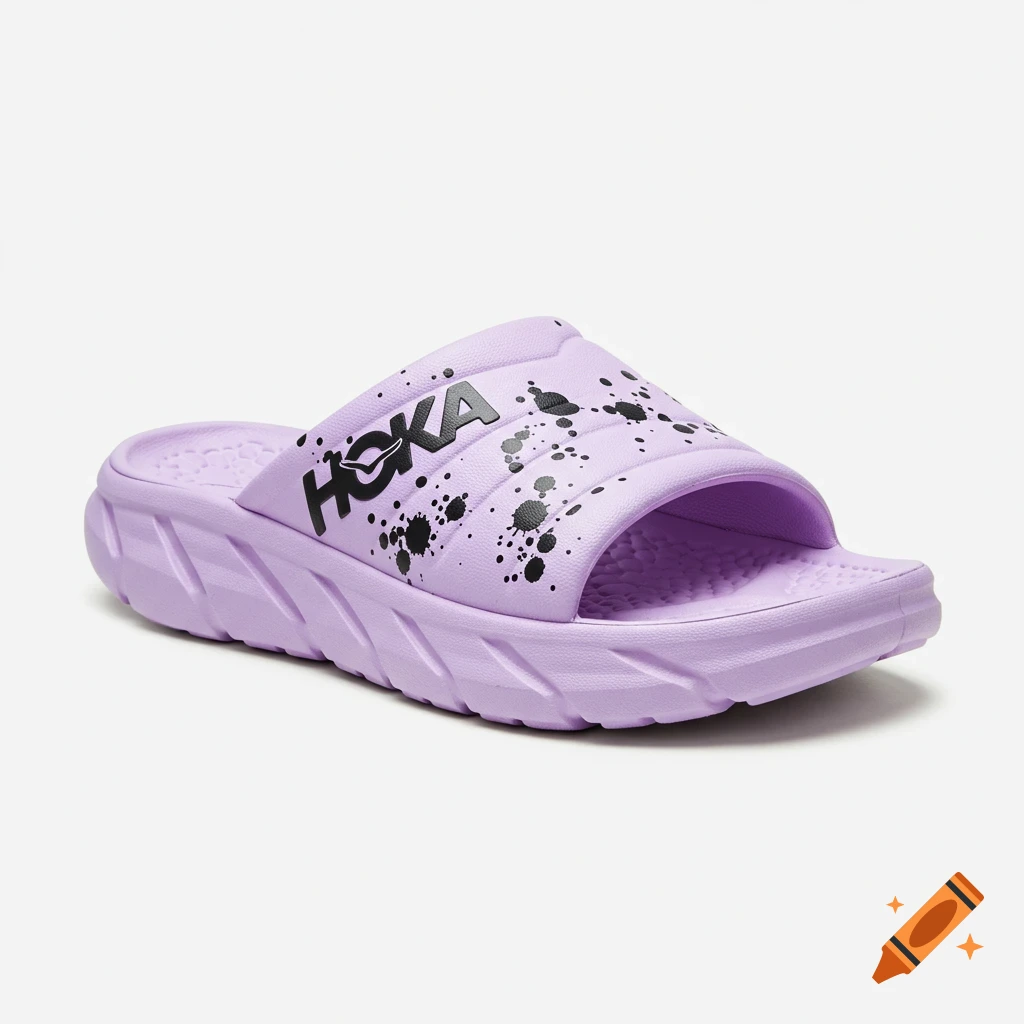 Purple Hoka slide sandal with black paint splatter