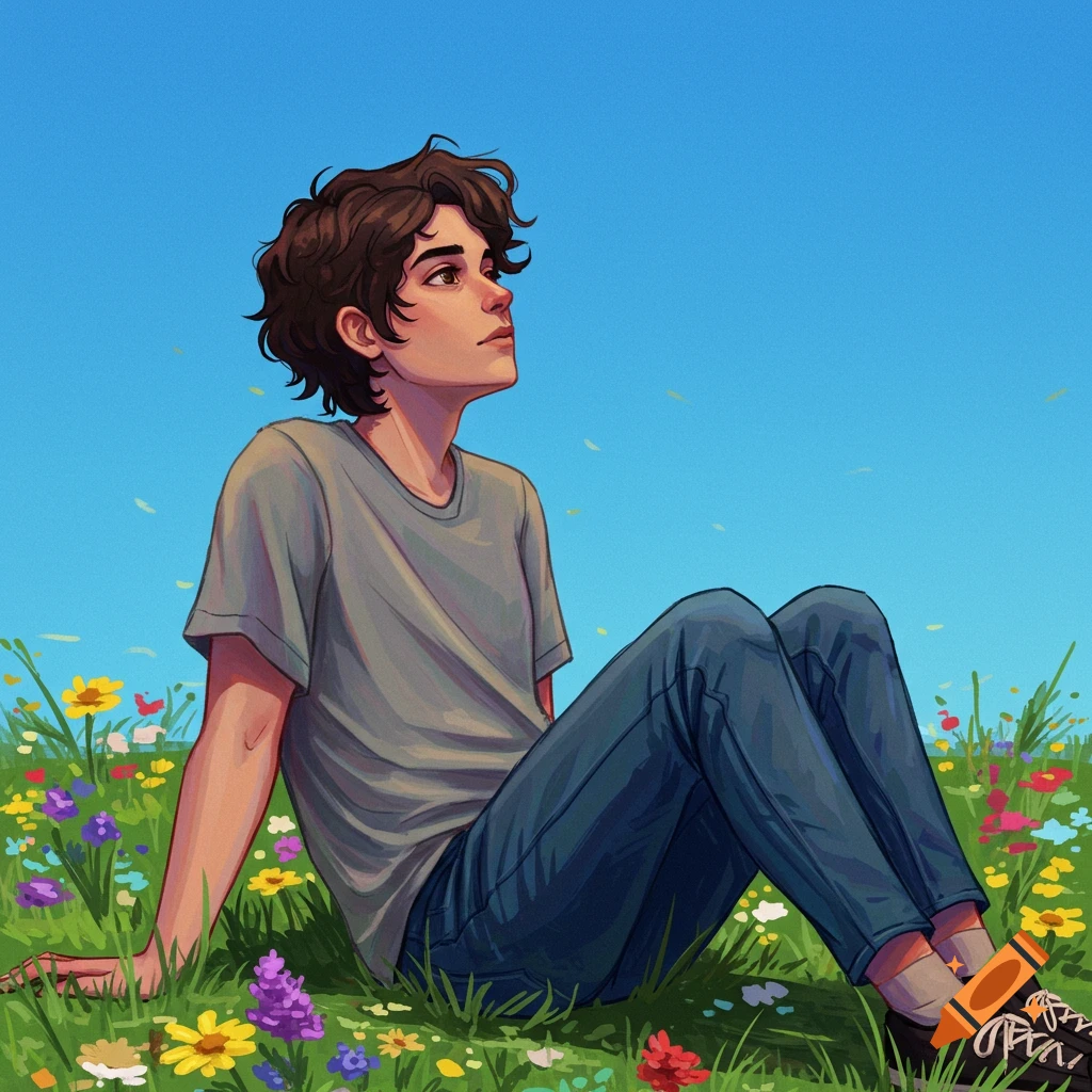 A young person sits in a field of colorful flowers, looking up at a blue sky.