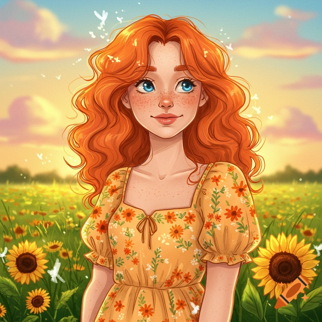 A red-haired girl with blue eyes stands in a field of sunflowers.