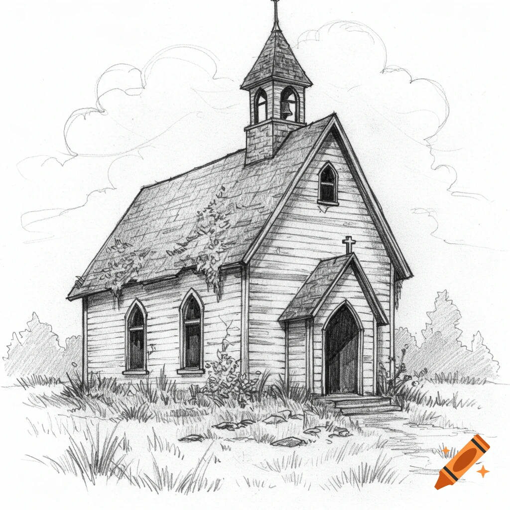 Pencil sketch of a small, old church with a steeple, surrounded by tall grass and clouds.