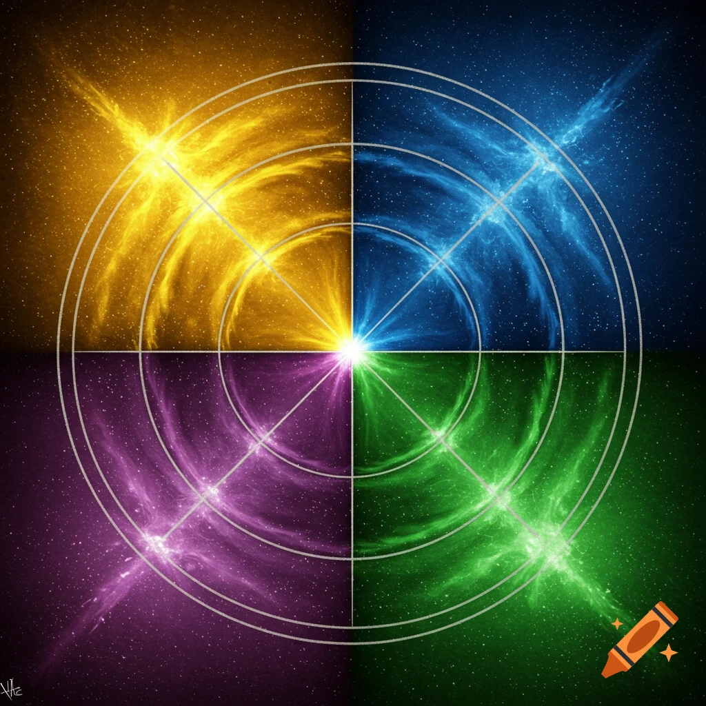 Abstract four-quadrant design with yellow, blue, purple, and green space scenes and geometric lines.