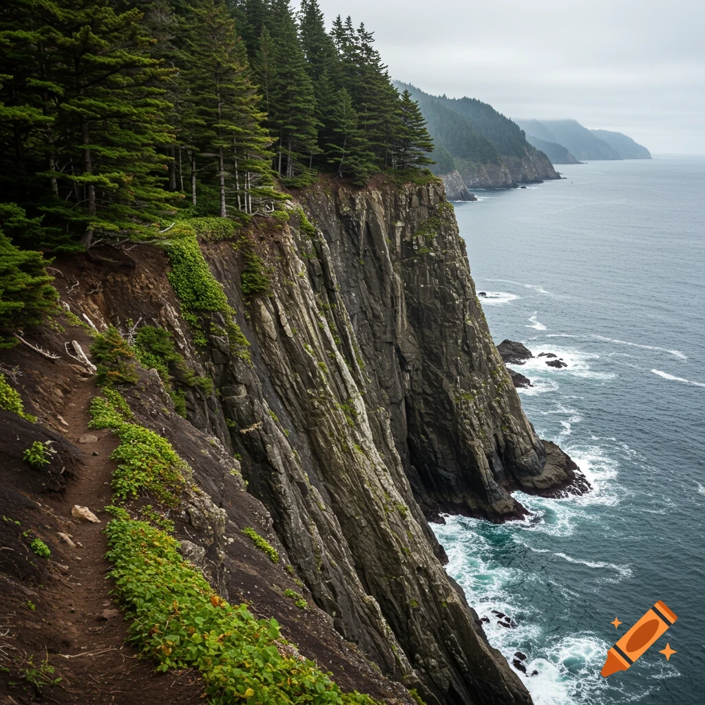 A narrow path along a tall, steep cliff edge overlooking a grey ocean with pine trees above.