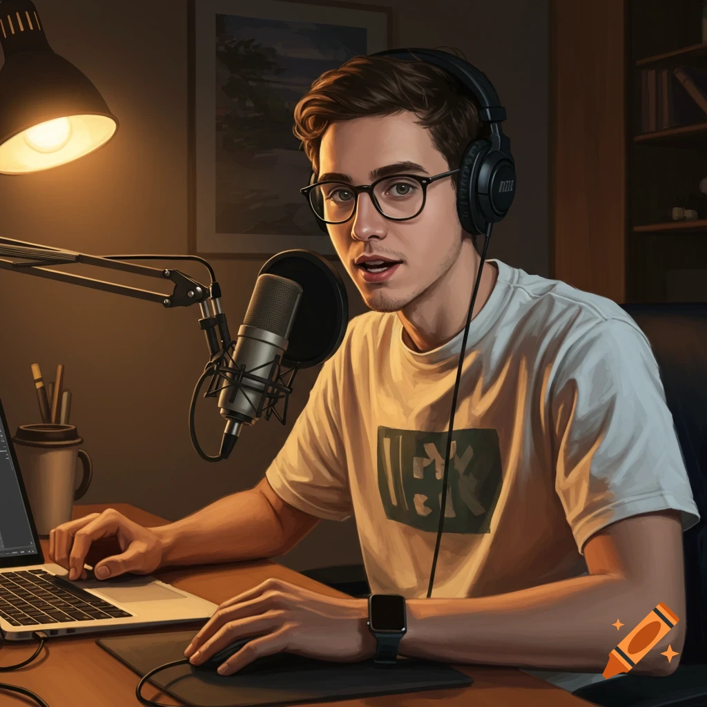 A young man with headphones and glasses is seated at a desk, featuring a microphone and laptop.