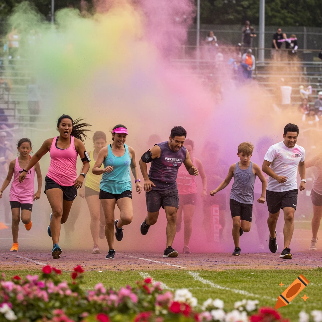 Runners covered in vibrant powder participate in a color run race.