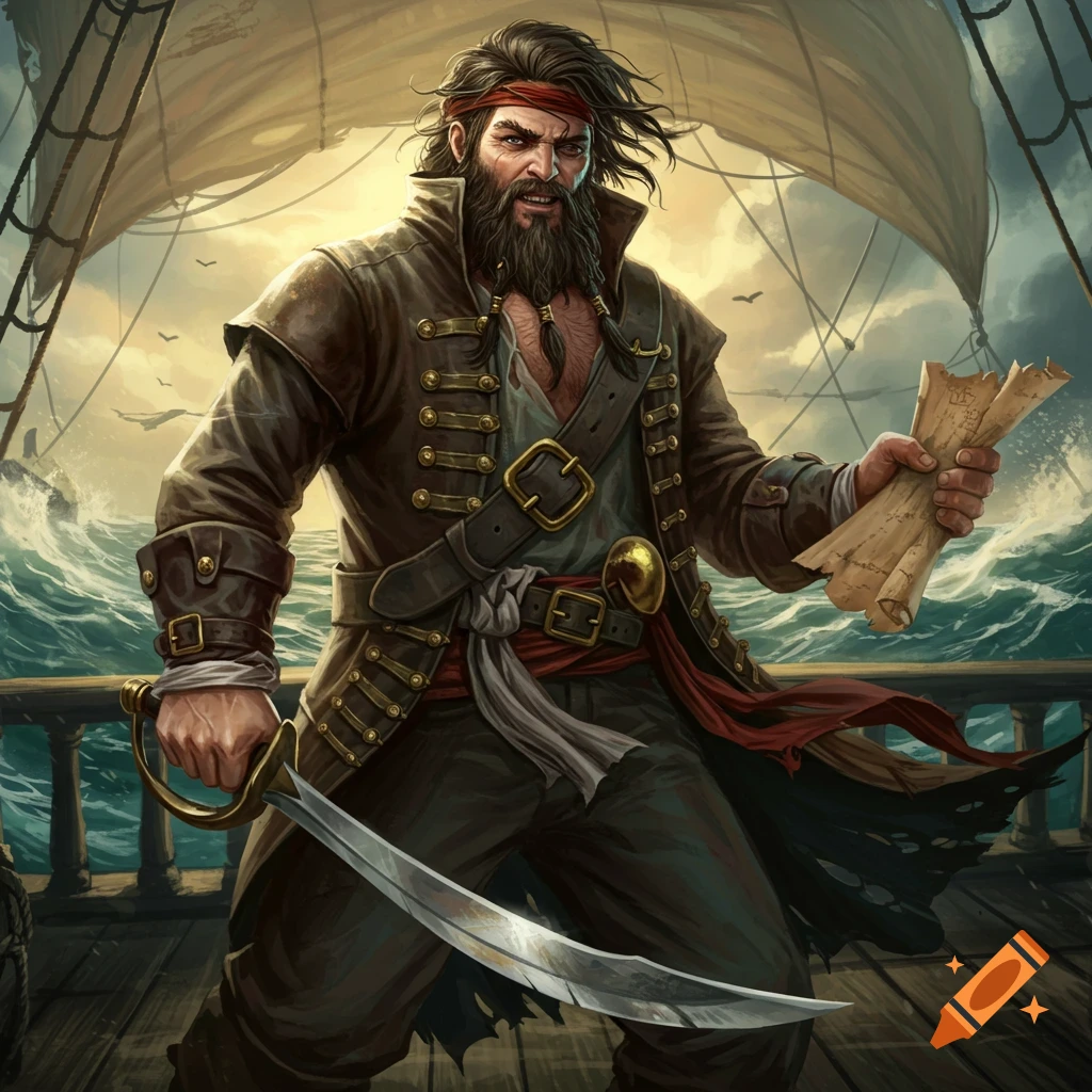 A pirate stands on a ship deck, holding a sword and a rolled map against a stormy sea.