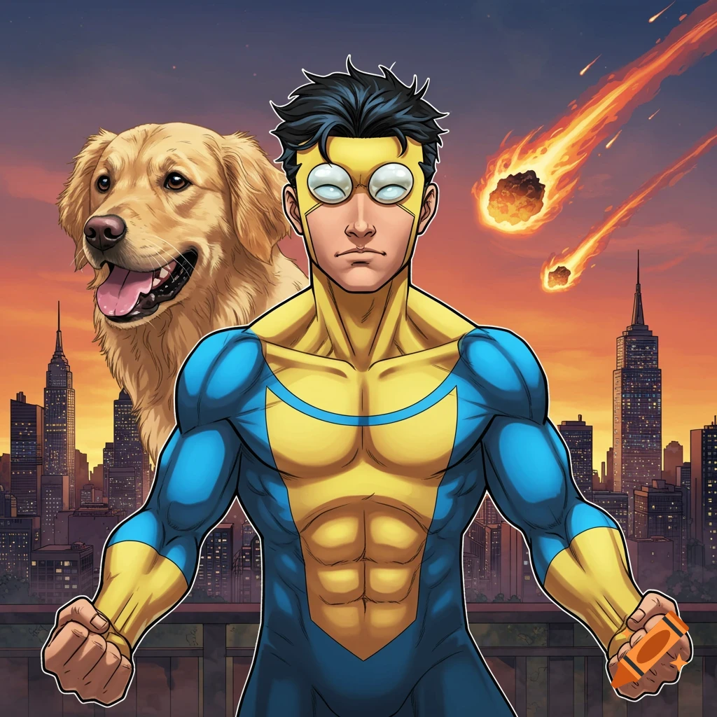 A superhero character resembling Invincible stands with a golden retriever in front of a cityscape as meteors fall, in a comic art style.