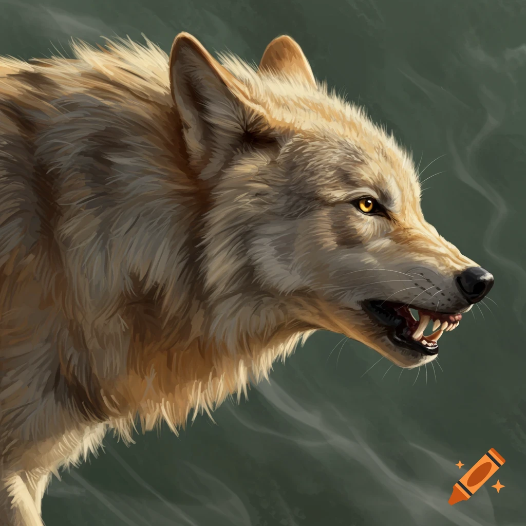 A light brown wolf showing its teeth