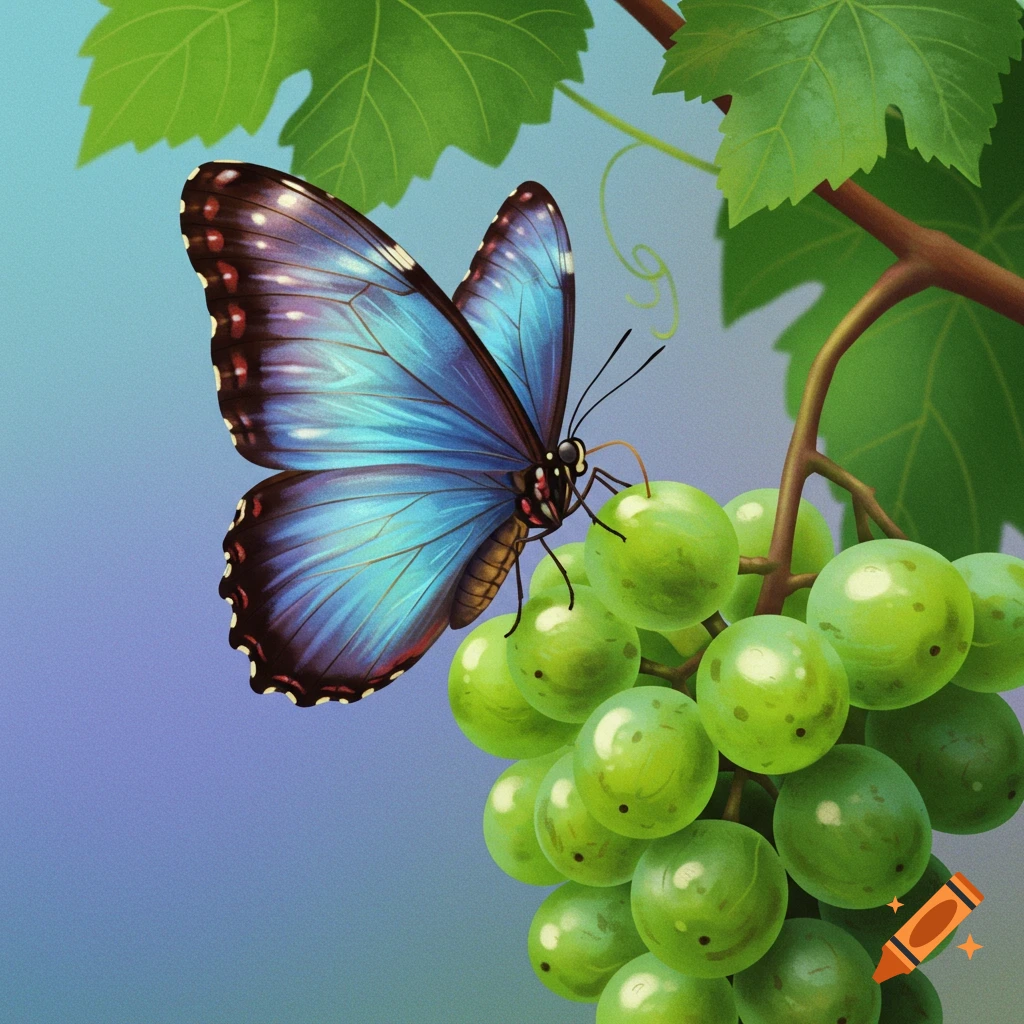 A blue butterfly rests on a bunch of green grapes.