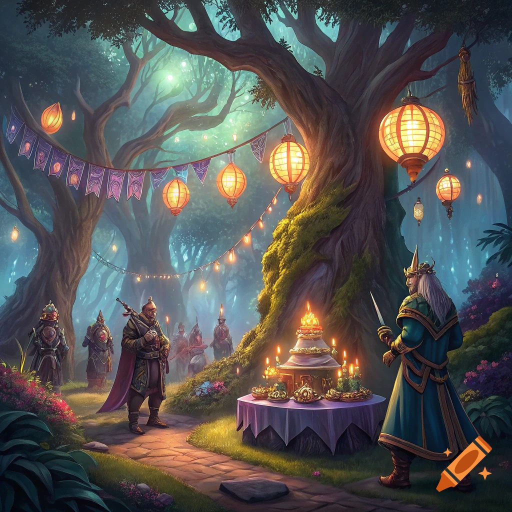 Fantasy characters in a forest celebrate a birthday party at night with lanterns, banners, and cake.