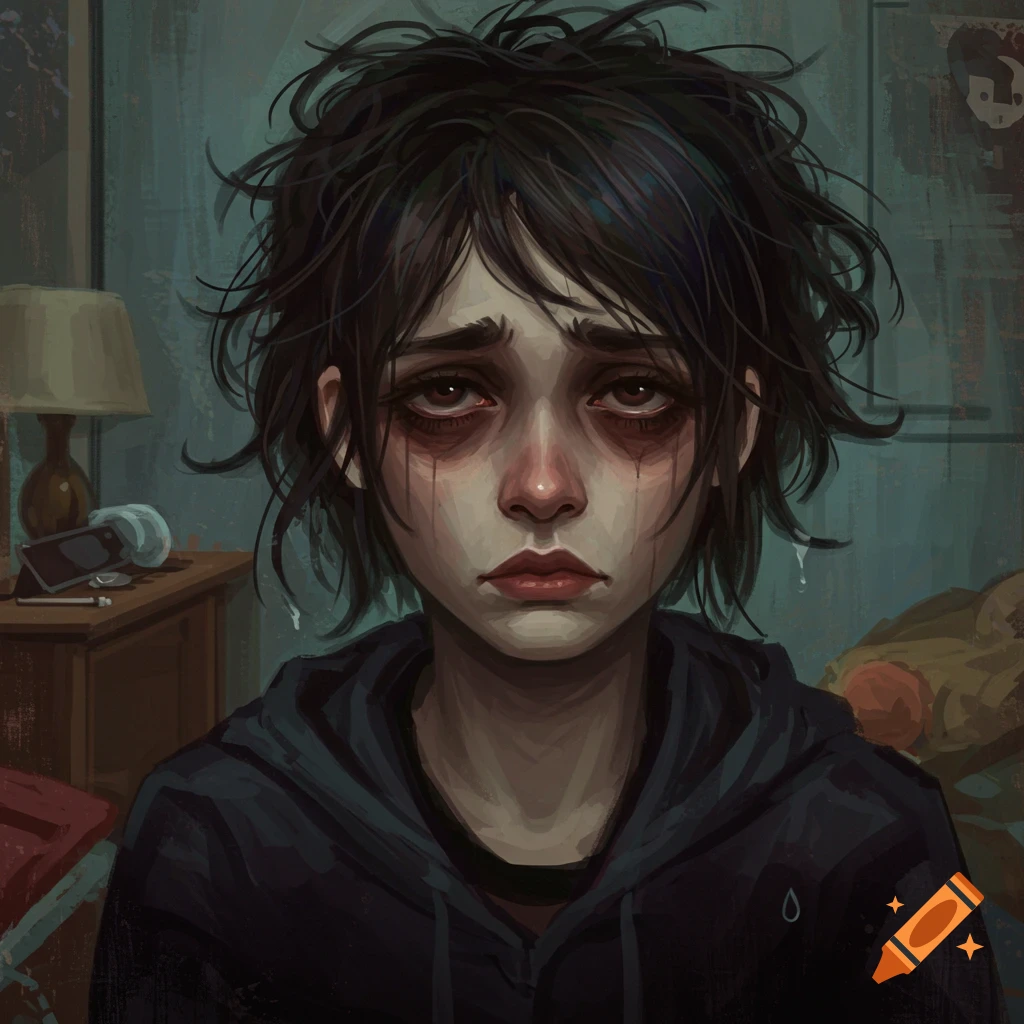 A person with dark circles under their eyes and tears, looking sad